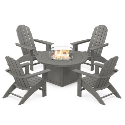 POLYWOOD Vineyard 5-Piece Curveback Adirondack Conversation Set w/ Fire Pit Table – Slate Grey