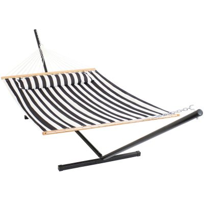 Ultimate Patio Quilted Double Hammock & Pillow w/ 12-Foot Black Stand – Black and White Stripe