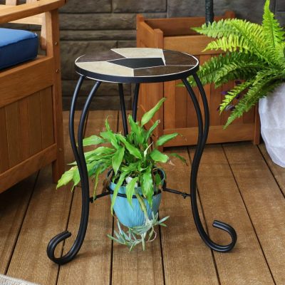 Ultimate Patio 12 3/4-Inch Ceramic Mosaic Tile Side Table W Plant Stand & Steel Frame