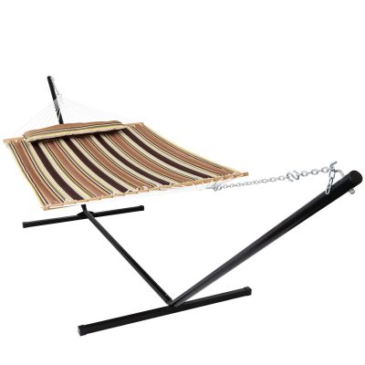 Ultimate Patio Quilted Double Hammock & Pillow w/ 15-Foot Black Stand – Sandy Beach