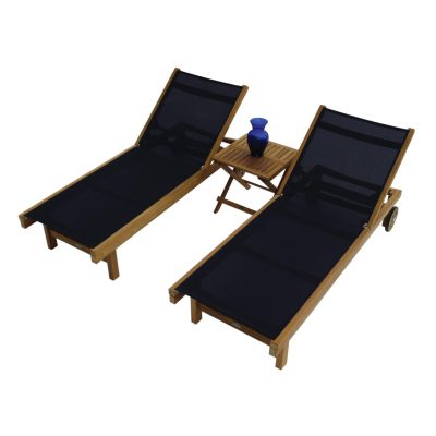 Sundaze 3 Piece Teak Patio Chaise Lounge Set W/ 20 Inch Square Folding Side Table By Royal Teak Collection – Black Sling