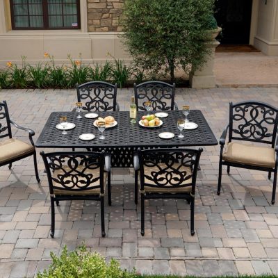 Darlee Santa Monica 7 Piece Cast Aluminum Patio Dining Arm Chair Set W/ 72 X 42 Inch Rectangular Table & Sesame Cushions