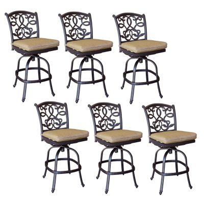 Darlee Santa Monica 6 Piece Cast Aluminum Patio Armless Counter Height Swivel Bar Stool Set W/ Sesame Cushions