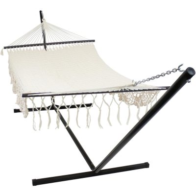 Ultimate Patio Deluxe American-Style Hammock w/ Spreader Bars & 15-Foot Black Stand – Natural