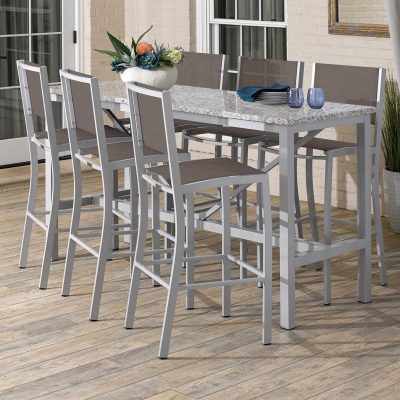 Travira 7 Piece Aluminum Patio Bar Set W/ 72 X 30 Inch Rectangular Lite-Core Ash Table By Oxford Garden – Cocoa Sling