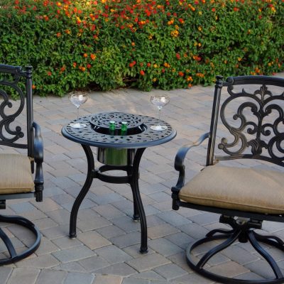 Darlee Santa Barbara 3 Piece Cast Aluminum Patio Bistro Set W/ Ice Bucket Insert & Sesame Cushions