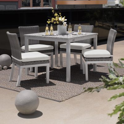 Argento 5 Piece Wicker Patio Dining Set W/ 39 Inch Square Lite-Core Ash Table, Side Chairs & Eggshell White Cushions By Oxford Garden