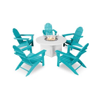 POLYWOOD Vineyard 6-Piece Adirondack Chat Set w/ Fire Pit Table – Aruba / White