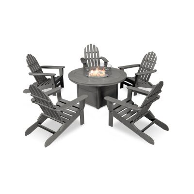 POLYWOOD Classic Folding Adirondack 6-Piece Conversation Set W/ Fire Pit Table – Slate Grey