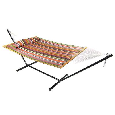 Ultimate Patio Quilted Double Hammock & Pillow w/ 12-Foot Black Stand – Canyon Sunset