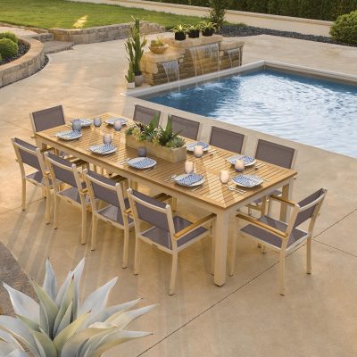 Travira 11 Piece Aluminum Patio Dining Set W/ 103 X 42 Inch Rectangular Tekwood Natural Table By Oxford Garden – Cocoa Sling