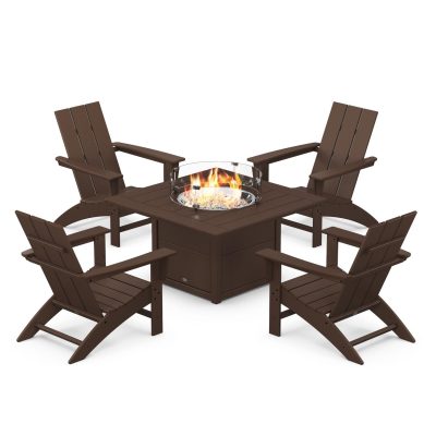 POLYWOOD Modern 5-Piece Adirondack Chair Conversation Set w/ Fire Pit Table – Mahogany