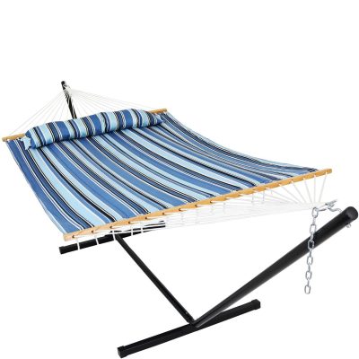 Ultimate Patio Quilted Double Hammock & Pillow w/ 12-Foot Black Stand – Misty Beach