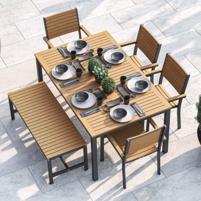 Oxford Garden Travira 6 Piece Carbon Aluminum Patio Dining Set W/ Natural Tekwood Armchairs, 63-Inch Rectangular Natural Tekwood Table & Backless Bench