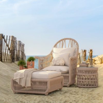 Sunset West Dana 3 Piece Olefin Rope Patio Conversation Set W/ End Table, Ottoman, & Sunbrella Linen Canvas Cushions