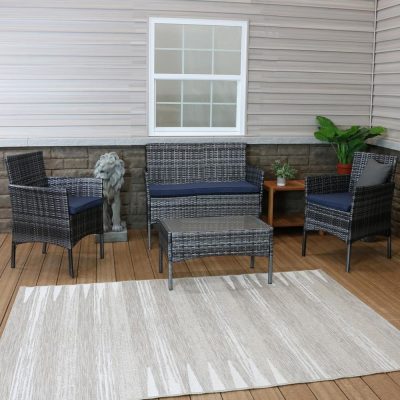 Ultimate Patio 4-Piece Patio Set – Mixed Gray Rattan W/ Navy Blue Cushions