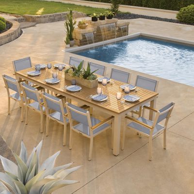 Travira 11 Piece Aluminum Patio Dining Set W/ 103 X 42 Inch Rectangular Tekwood Natural Table By Oxford Garden – Slate Sling