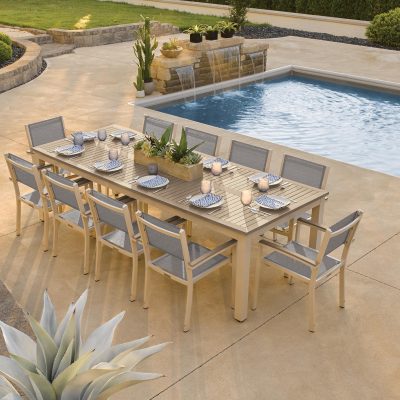 Travira 11 Piece Aluminum Patio Dining Set W/ 103 X 42 Inch Rectangular Tekwood Vintage Table By Oxford Garden – Titanium Sling