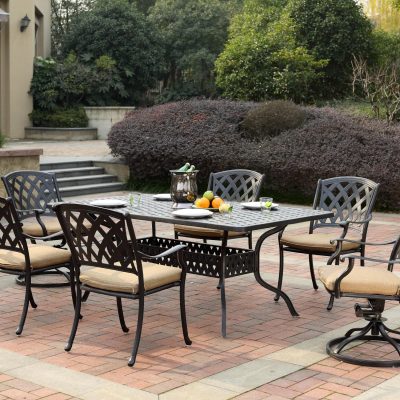 Darlee Ocean View 7 Piece Cast Aluminum Patio Dining Set W/ 72 X 42 Inch Rectangular Table & Sesame Cushions