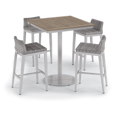 Argento 5 Piece Wicker Patio Bar Set W/ 36 Inch Square Tekwood Vintage Table By Oxford Garden