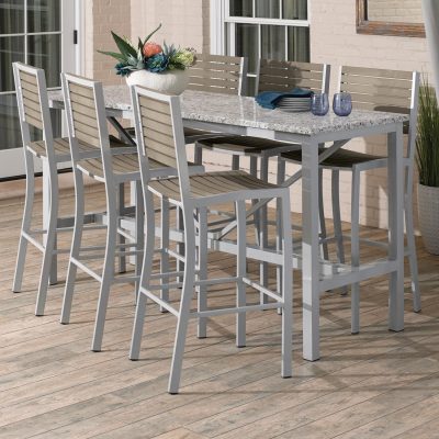 Travira 7 Piece Aluminum Patio Bar Set W/ 72 X 30 Inch Retangular Lite-Core Ash Table & Tekwood Vintage Bar Stools By Oxford Garden