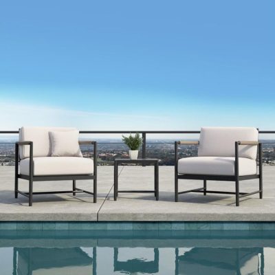 Sunset West Pietra 3 Piece Rope & Aluminum Patio Conversation Set W/ End Table & Sunbrella Echo Ash Cushions