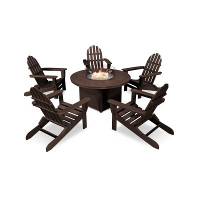 POLYWOOD Classic Folding Adirondack 6-Piece Conversation Set W/ Fire Pit Table – Mahogany