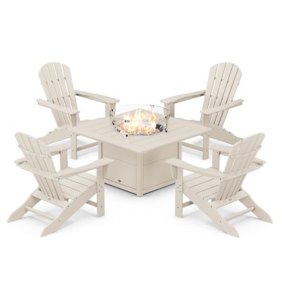 POLYWOOD Palm Coast 5-Piece Adirondack Chair Conversation Set w/ Fire Pit Table – Sand