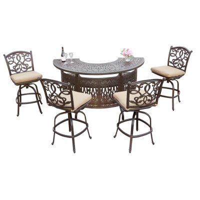 Darlee Santa Monica 5 Piece Cast Aluminum Party Bar Set W/ Armless Swivel Bar Stools & Sesame Cushions