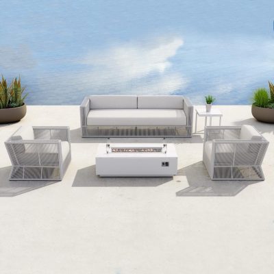 Sunset West Miami 5 Piece Olefin Rope Patio Fire Pit Conversation Set W/ End Table & Echo Ash Cushions