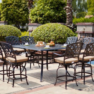 Darlee Ocean View 9 Piece Cast Aluminum Patio Bar Set W/ 60 Inch Square Counter Height Table & Sesame Cushions