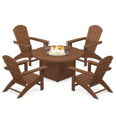 POLYWOOD Nautical 5-Piece Adirondack Chair Conversation Set w/ Fire Pit Table – Teak