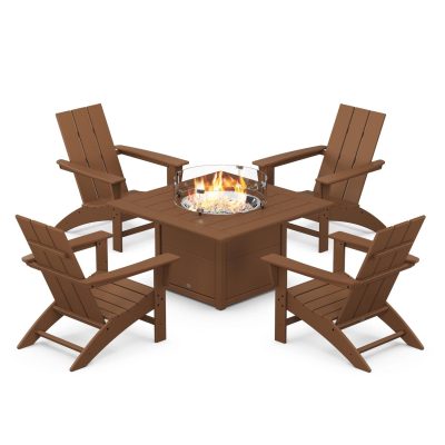 POLYWOOD Modern 5-Piece Adirondack Chair Conversation Set w/ Fire Pit Table – Teak