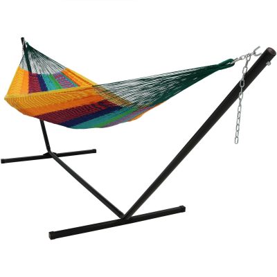 Ultimate Patio XXL Thick Cord Handwoven Family-Sized Mayan Hammock w/ 15-Foot Black Stand – Multi-Color