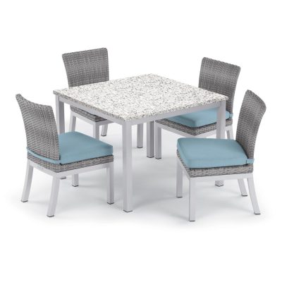 Argento 5 Piece Wicker Patio Dining Set W/ 39 Inch Square Lite-Core Ash Table, Side Chairs & Ice Blue Cushions By Oxford Garden