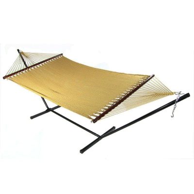 Ultimate Patio Soft-Spun Woven Rope Double Hammock w/ 15-Foot Black Stand – Tan