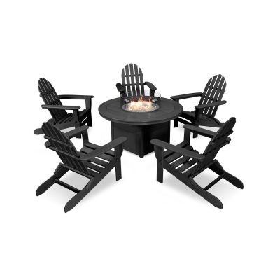 POLYWOOD Classic Folding Adirondack 6-Piece Conversation Set W/ Fire Pit Table – Black