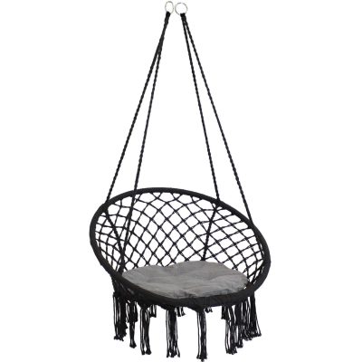 Ultimate Patio Macrame Hammock Chair w/ Tassels & Cushion – Black/Gray