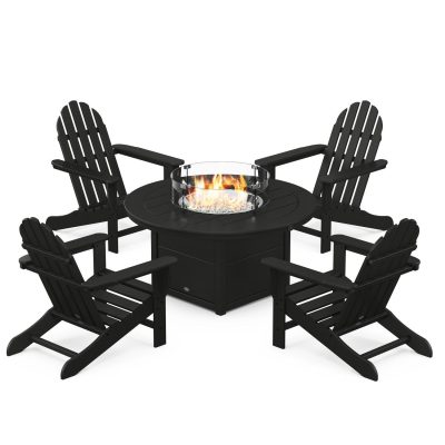 POLYWOOD Classic Adirondack 5-Piece Conversation Set W/ Fire Pit Table – Black