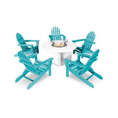 POLYWOOD Classic Folding Adirondack 6-Piece Conversation Set W/ Fire Pit Table – Aruba / White