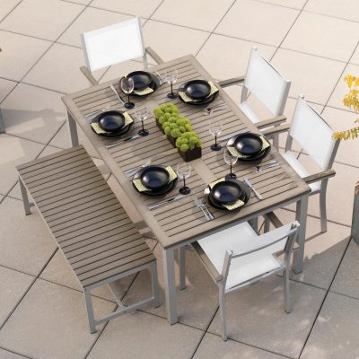 Oxford Garden Travira 6 Piece Flint Aluminum Patio Dining Set W/ Natural Sling Armchairs, 63-Inch Rectangular Vintage Tekwood Table & Backless Bench