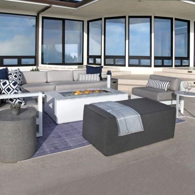 Sunset West Newport 7 Piece Aluminum Patio Fire Pit Conversation Set W/ Pouf Coffee Table, End Table, Tank Covers, & Sunbrella Cast Silver Cushions