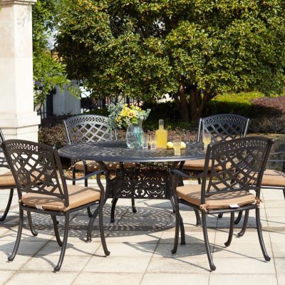 Darlee Sedona 7 Piece Cast Aluminum Patio Dining Set W/ 52 Inch Round Table & Sesame Cushions