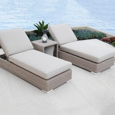 Sunset West Coronado 3 Piece Resin Wicker Patio Chaise Set W/ End Table & Sunbrella Canvas Flax Cushions