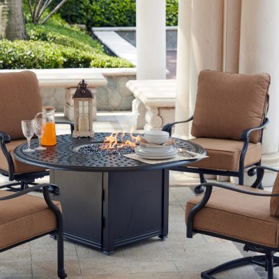 Madison 5 Piece Cast Aluminum Patio Fire Pit Conversation Set W/ Sesame Polyester Cushions By Darlee