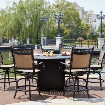 Mountain View 7 Piece Cast Aluminum Sling Patio Counter Height Fire Pit Bar Set W/ 60 Inch Round Table By Darlee