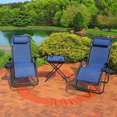 Ultimate Patio Zero Gravity Reclining Lounge Chairs W/ Pillows, Cup Holders, & Matching Table – Navy Blue