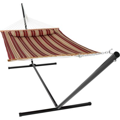 Ultimate Patio Quilted Double Hammock w/ Heavy-Duty Stand & Pillow – Red Stripe