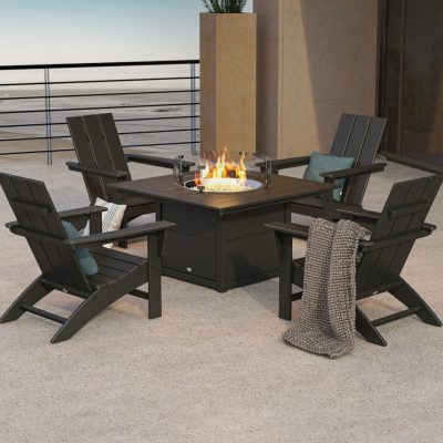 POLYWOOD Modern 5-Piece Adirondack Chair Conversation Set w/ Fire Pit Table – Black