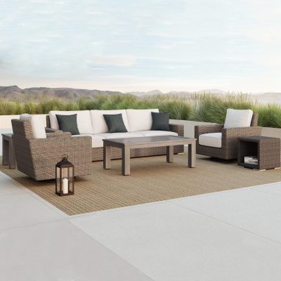 Sunset West Coronado 6 Piece Resin Wicker Patio Conversation Set W/ Coffee Table, End Tables, & Sunbrella Canvas Flax Cushions